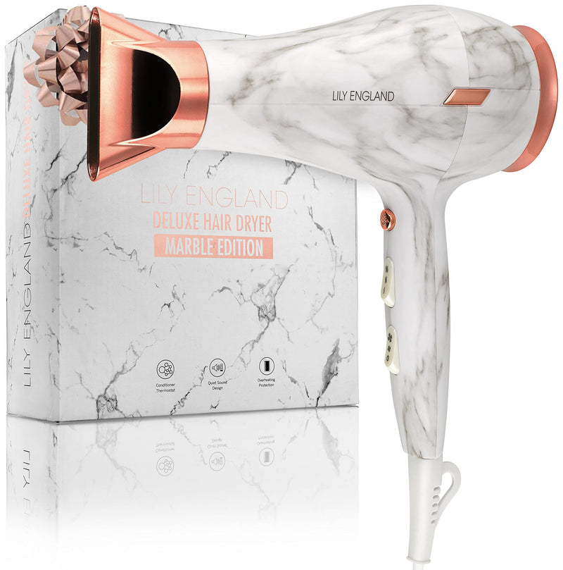 [Australia] - Hair Dryer, Lightweight Hairdryer for Women - 1800 Watts Blow Dryer with 2 Speed, 3 Heat Settings, and Cool Shot Button - by Lily England in Rose Gold / Marble (UK Plug) 