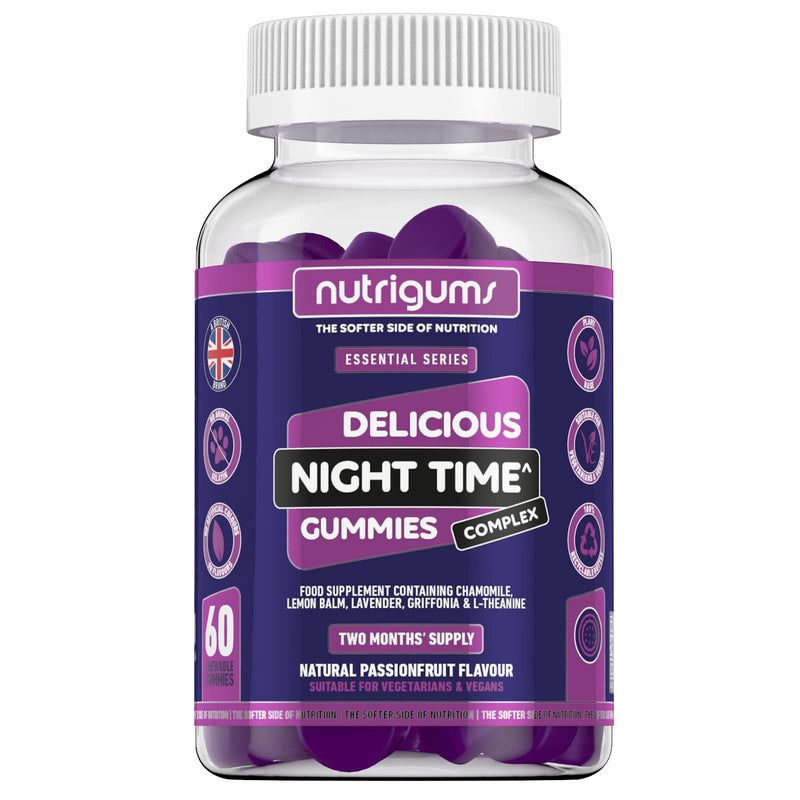 [Australia] - NUTRIGUMS® Night Time Complex. 60 Vegan Gummies. Support Sleep with Griffonia Seed (5HTP), L-Theanine, Passionflower, Chamomile, Lemon Balm & Lavender. Suitable for Adults & 12+ 