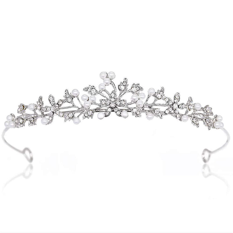 [Australia] - Flower Rhinestone Pearls Crowns Headband, Silver Crystal Bridal Crown Tiara for Girls Women Luxury Princess Hairband Headwear Wedding Prom Birthday Tiara Cosplay Party Costumes Hair Accessories 