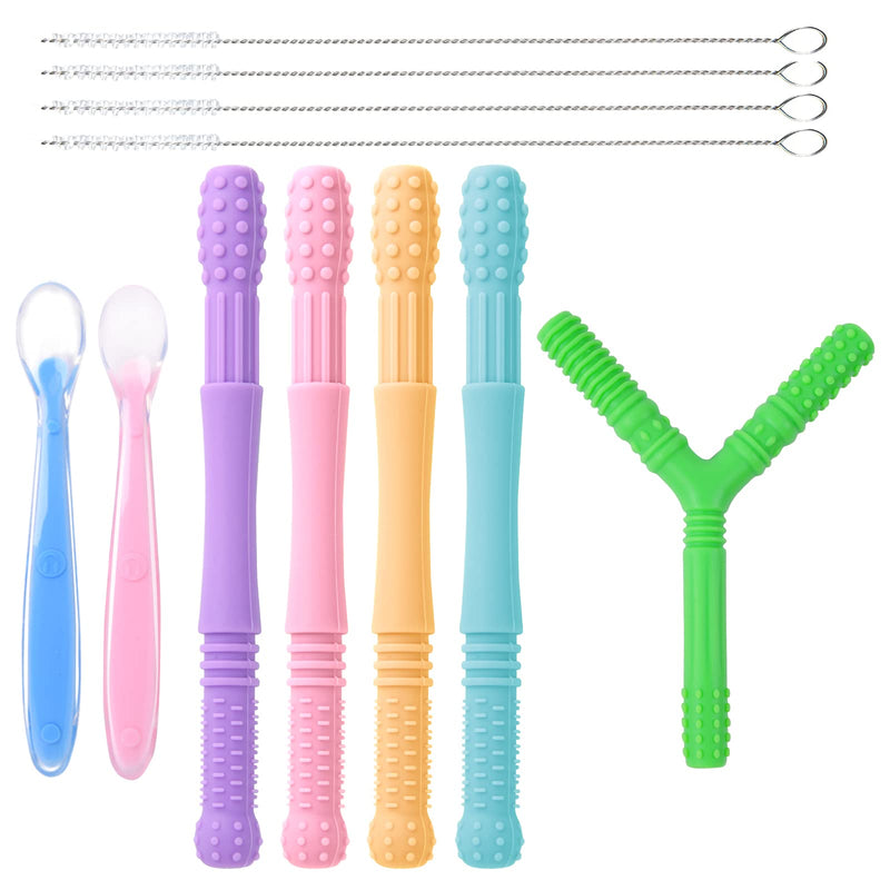 [Australia] - Vicloon Teething Toys for Baby, 5Pcs Baby Silicone Teether Tubes with 4 Cleaning Brush and 2 Feeding Spoons, Teether Sensory Toys Gum Massager, Baby Teething Toy Infant Chew Straw Toy Teether Tube-multicoloured 