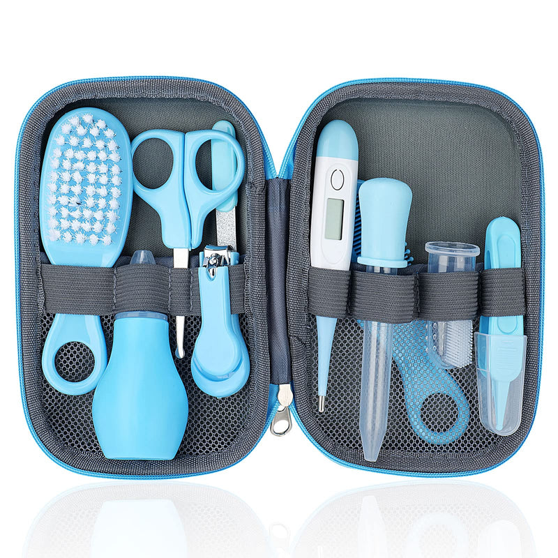 [Australia] - Baby Grooming Kit, 10 Pcs Newborn Healthcare Accessories, Portable Baby Essentials Set with Hair Brush Comb Nail Clipper Thermometer for Nursery Infant Girls Boys Blue 