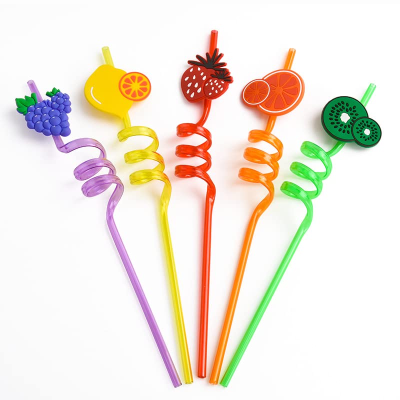 [Australia] - 5 Pcs Reusable Drinking Straws Party Straws Curly Hard Plastic Straws Kids Birthday Party Decorations Supplies Family Reunion Party Favors（Fruit Shape） 