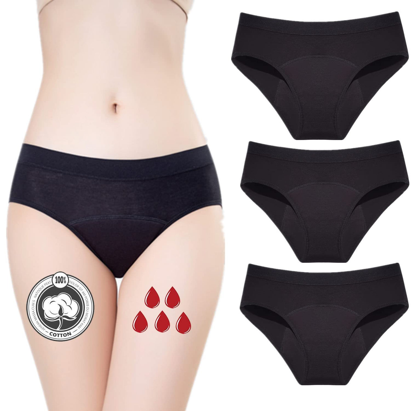 ZVZK Period Panties Heavy Flow 30ML Women Absorbent Leak Proof Panty Pants Menstrual  Underwear Briefs Hipster Black 3 Pack L
