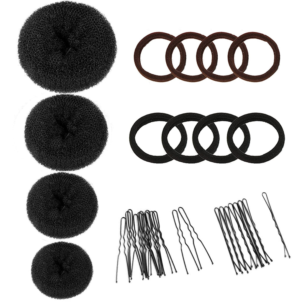 [Australia] - Hair Bun Maker Hair Donut Set, 4 Hair Rings With 8pieces Hair Elastic Bands Ties And 30 Pieces Hair Bobby Pins,Hair Bun Donut Maker Chignon Doughnut Ring Style For Dancer Women(Black) Black 