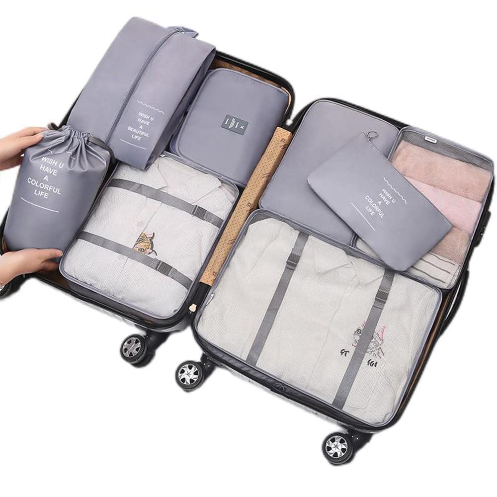 [Australia] - 8 pcs Packing Cubes Set, Travel Luggage Organizer Storage Bags Suitcase Packing Cases Including Updated Toiletry Bag, Laundry Bag & Shoes Bag (Grey) Grey 