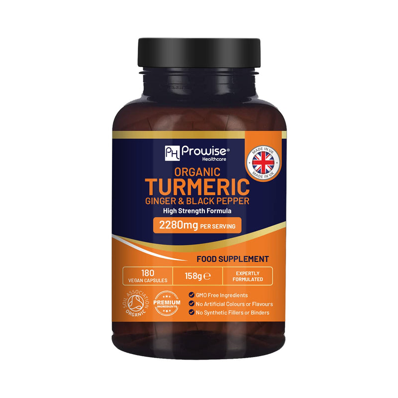 [Australia] - Organic Turmeric 2280mg (High Strength) with Black Pepper & Ginger - 180 Vegan Turmeric Capsules with Active Ingredient Curcumin I Soil Association Approved I UK Made by Prowise Healthcare 