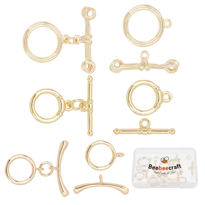 [Australia] - Beebeecraft 6 Sets 3 Style 18K Gold Plated Toggle Jewelry Clasps Connectors Round Ring Toggle T Bar Clasps Sets for Necklace, Bracelet, Earring Making 