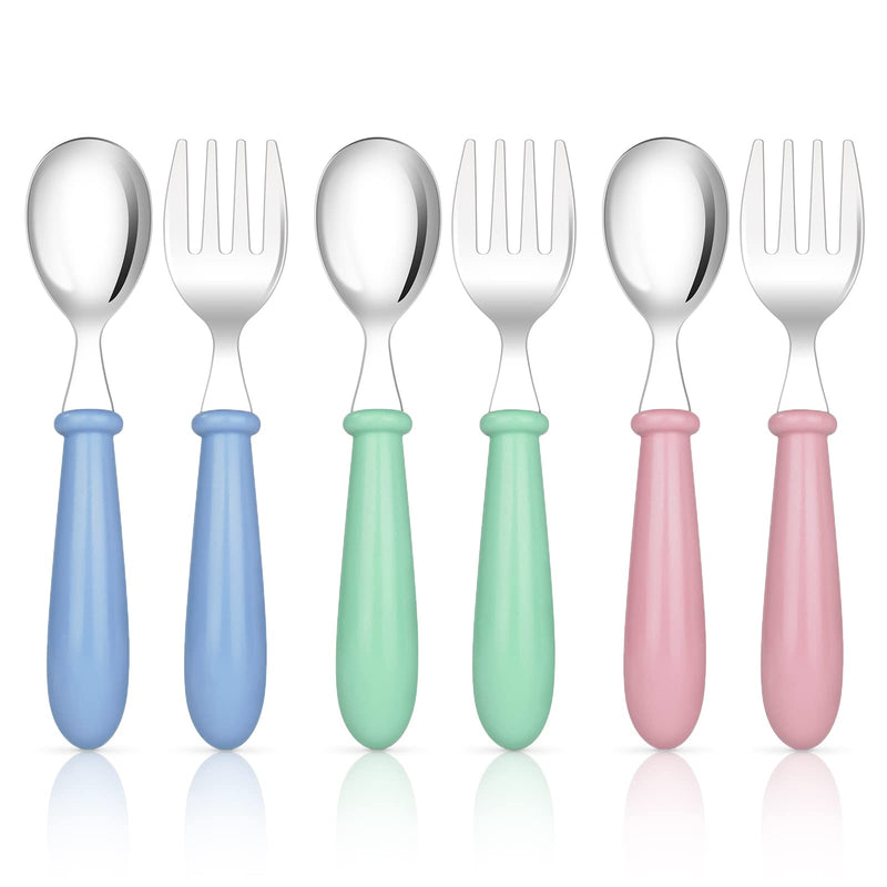 [Australia] - Vicloon Baby Fork and Spoon, 3 Set/6 PCS Toddler Utensils Spoons Forks Tableware Set, Toddler Utensils Stainless Steel Baby Forks and Spoons, Baby Feeding Cutlery Utensils Weaning Spoons for Kids Blue/Green/Pink 