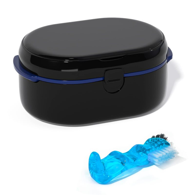 [Australia] - Denture Bath Box and Denture Brush Denture&Retainer Set, Denture Case with Mirror (Black) Black 
