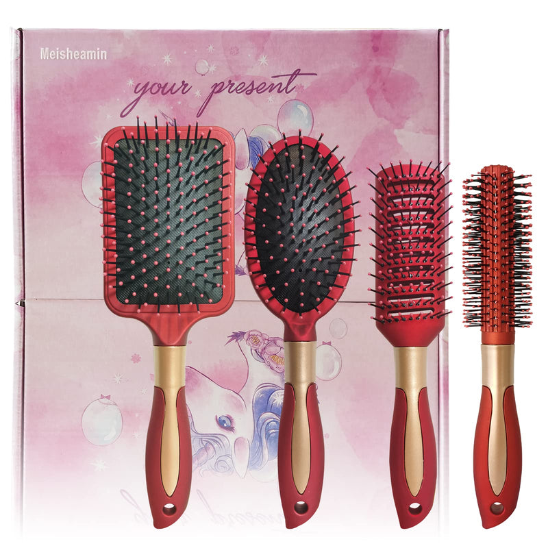[Australia] - 4 Pcs Hair Brush Set,Anti Static Massage Oval Comb,Detangling Brush Round Hair Brush Vent Hair Brush ,Detangling Hairbrush for Women Men and Kids Red 