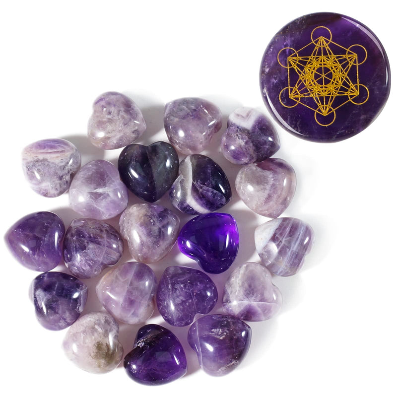 [Australia] - Soulnioi Healing Crystal Natural Amethyst Heart Shape Love Stone Pocket Stone Metatron's Cube Amethyst Round Thumb Plam Stone Disc 