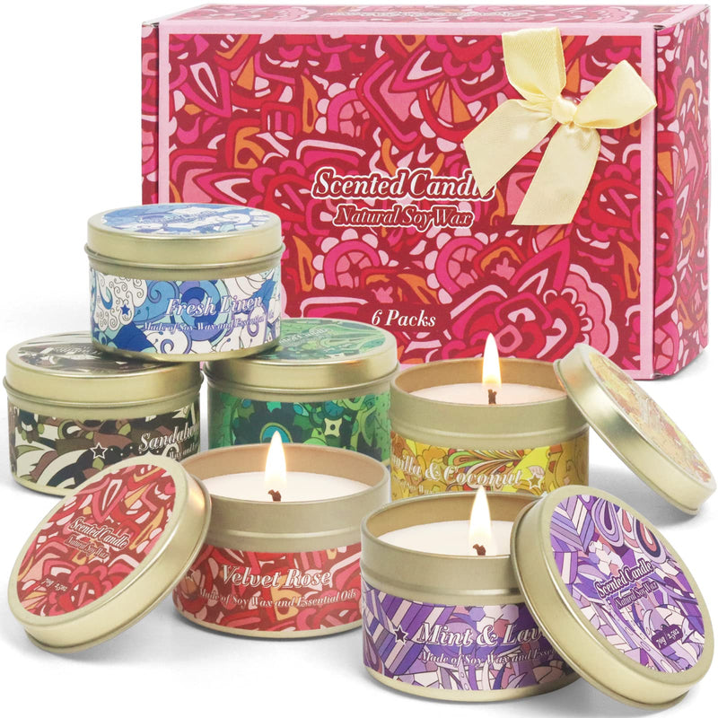 [Australia] - Scented Candles Set, Natural Soy Wax Candles in Portable Tin, Aromatherapy Candle Gift Set for Mother's Day, Christmas, Birthday, Ideal for Yoga, Relaxation, Meditation, 6 Packs 