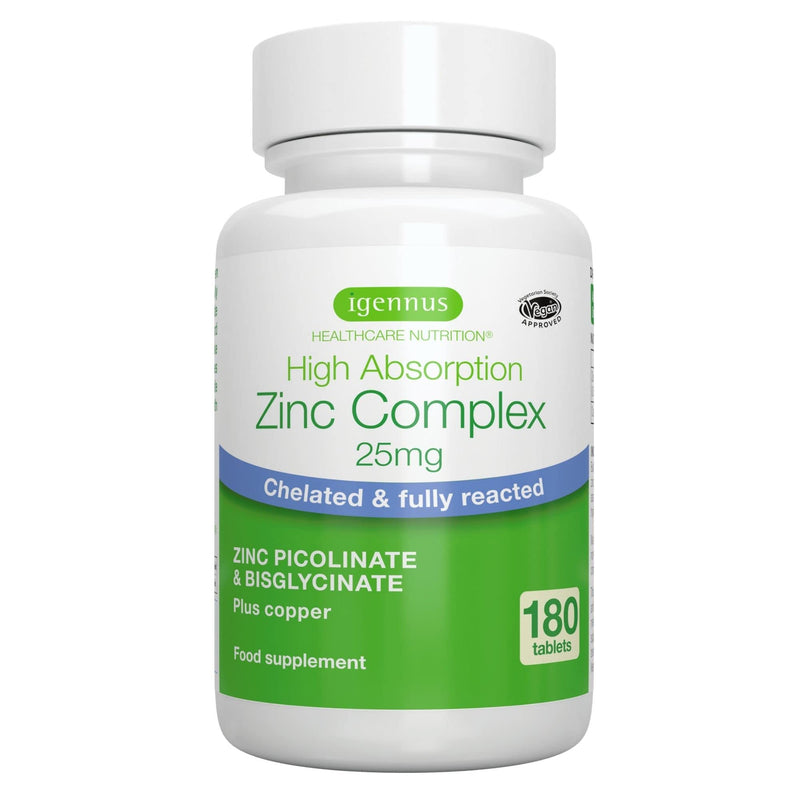 [Australia] - High Absorption Zinc 25mg & Copper Supplement, Clean Ingredients, 180 Vegan Tablets, Chelated Zinc Picolinate & Bisglycinate, One-a-Day, 180 Servings, by Igennus 
