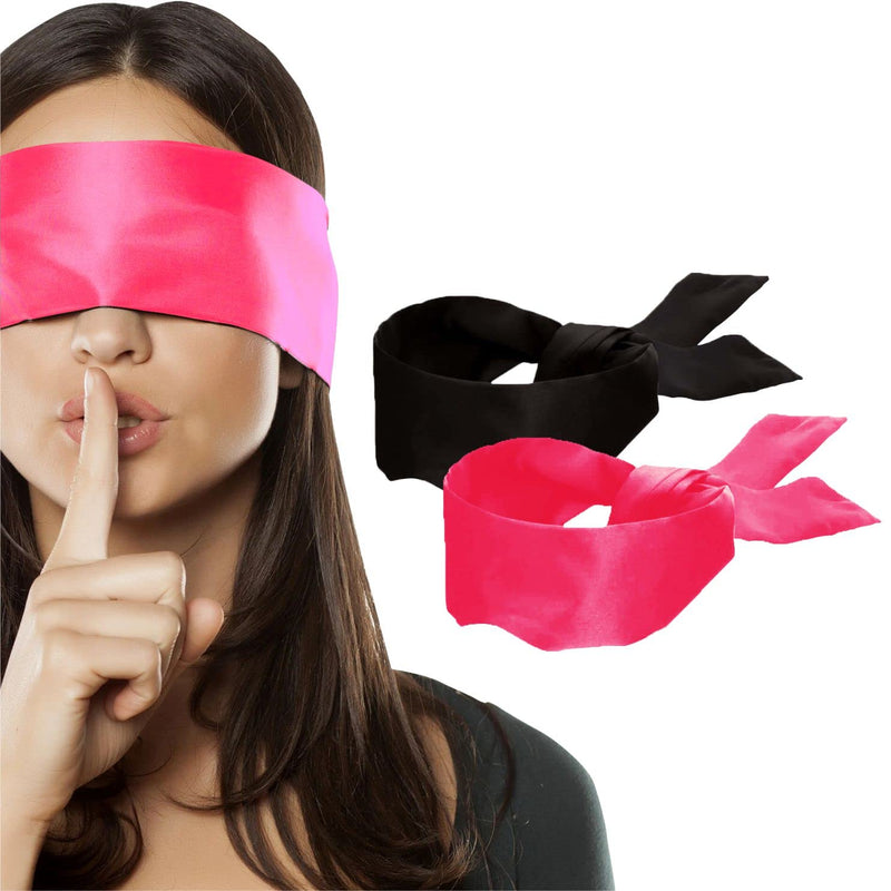 [Australia] - 2 pcs Silk Satin Blindfold Eye Cover Silk Sleeping mask Valentine Gift 155cm / 62” (Black+Bright Pink) Black+bright Pink 