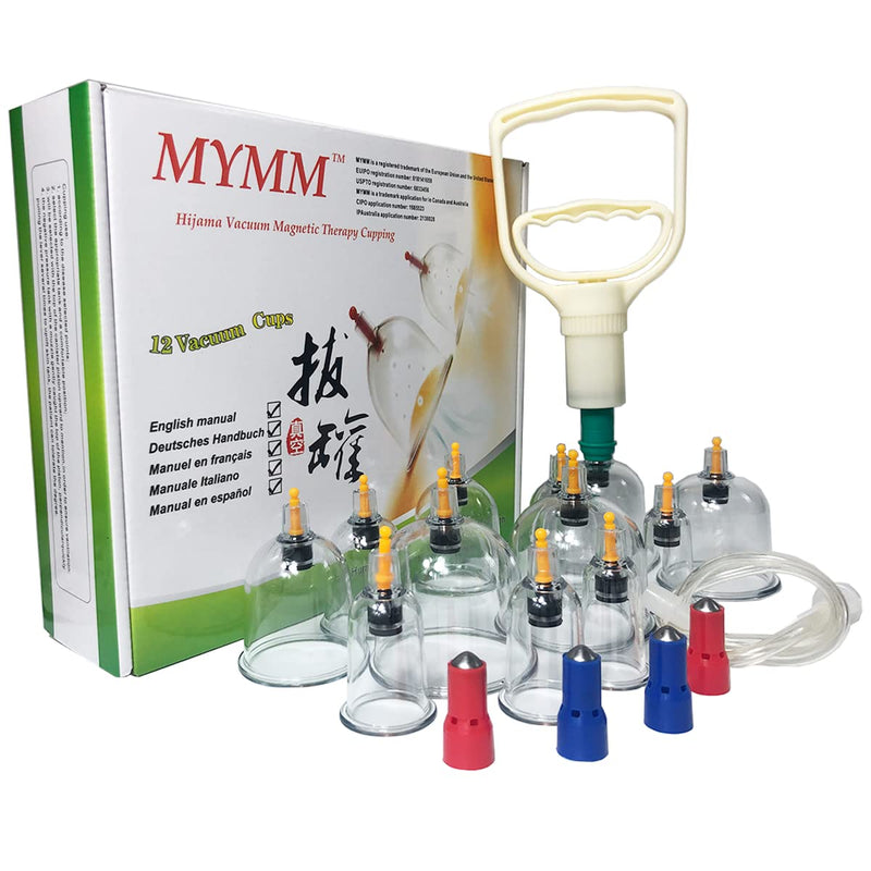[Australia] - 12 Cupping Cups Sets Biomagnetic Traditional Professional Chinese Therapy Massage Cupping Set Household Pull Out Vacuum Cupping Kit/Chinese Massage Hijama Suction (12) 12 