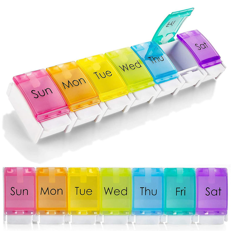 [Australia] - 7 Days Tablet Organizer Medicine Storage Box Rainbow Colour Portable Pill Container Easy to Open Dispenser Planner Push Button Compartment Medicine Dispenser 