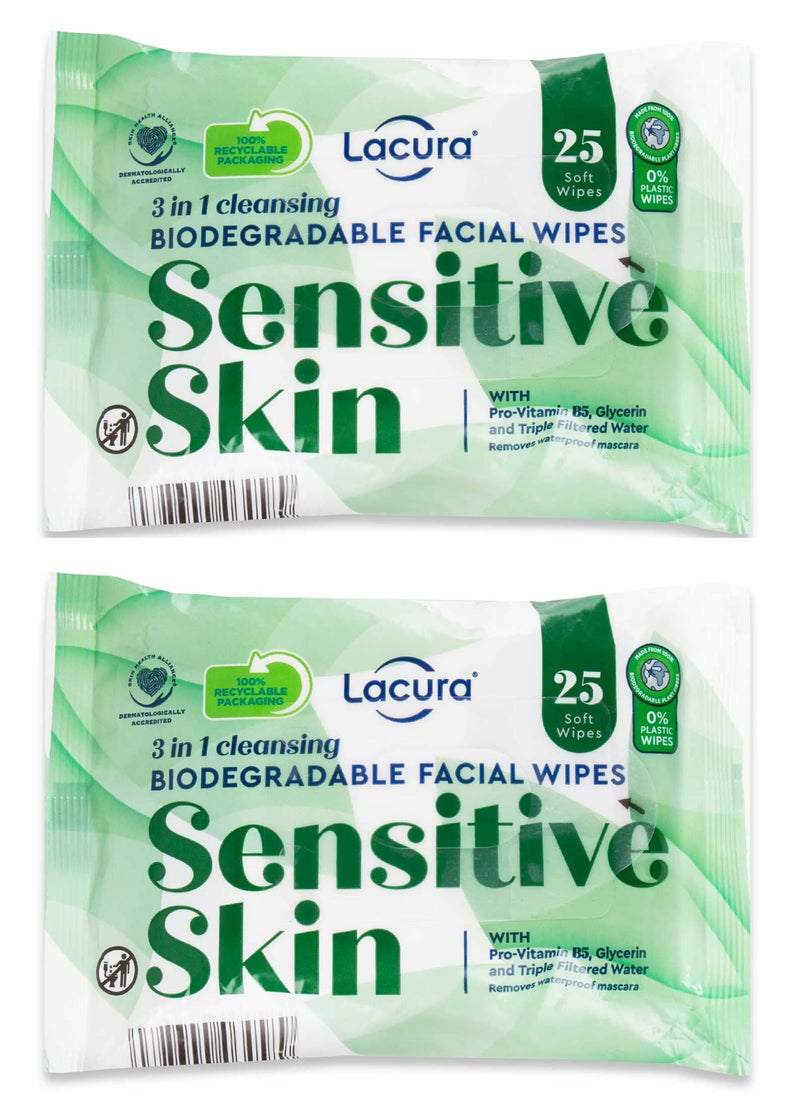 [Australia] - Lacura 3 In 1 Biodegradable Cleansing Facial Wipes For Sensitive Skin, Makeup Removal Wipes with Pro-Vitamin B5, 2 Packs (50 wipes in total) 