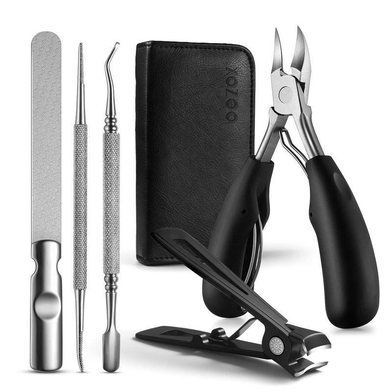 [Australia] - BEZOX Nail Clippers Set for Fingernails and Toenails, 5pcs Manicure Tools, Polished Stainless Steel Nail Scissors Kit for Thick & Ingrown Hard Toenails Black 