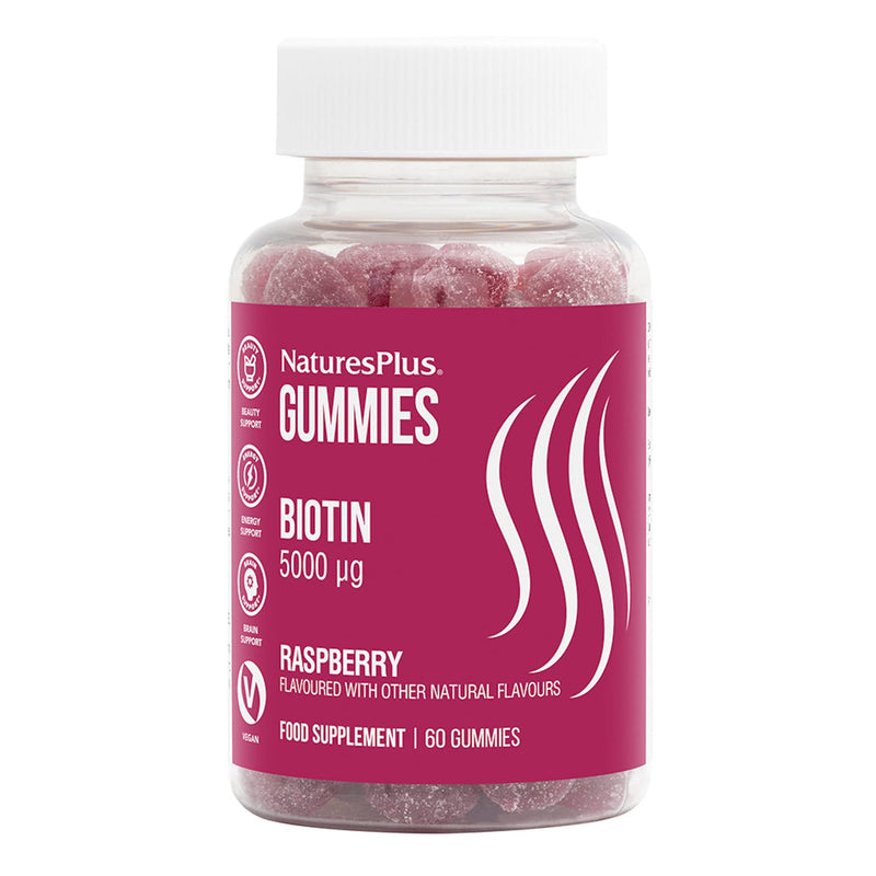 [Australia] - NaturesPlus Gummies Biotin Raspberry Flavour - Hair and Skin Support, Brain, Metabolism, Immune, Energy Boost - Vegan, Gluten Free, Non-GMO - 60 Gummies 
