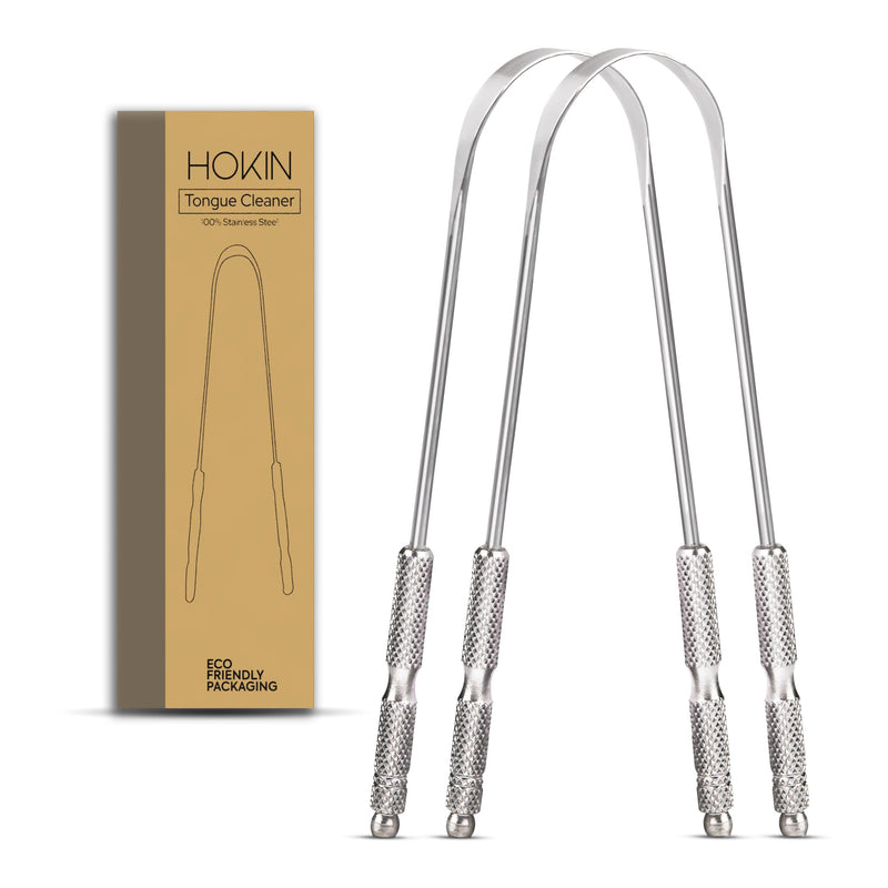 [Australia] - Tongue Scraper for Adults by HOKIN (2Pcs Oral Care Pack) Stainless Steel Tongue Cleaners Reduce Bad Breath 100% Metal Tough Scrapers Men and Women Hygiene Product 2 Count (Pack of 1) U Shaped Silver 