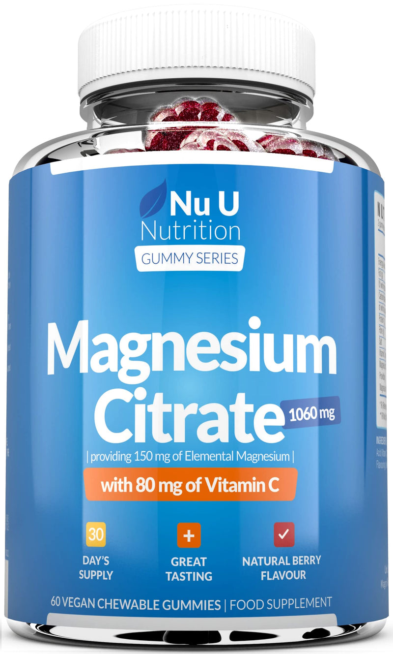 [Australia] - Magnesium Gummies 1060mg for Adults and Kids (5+) - 60 Vegan Gummies - Berry Flavour - Providing 150mg of Elemental Magnesium & 80mg of Vitamin C - Magnesium Citrate Supplement 