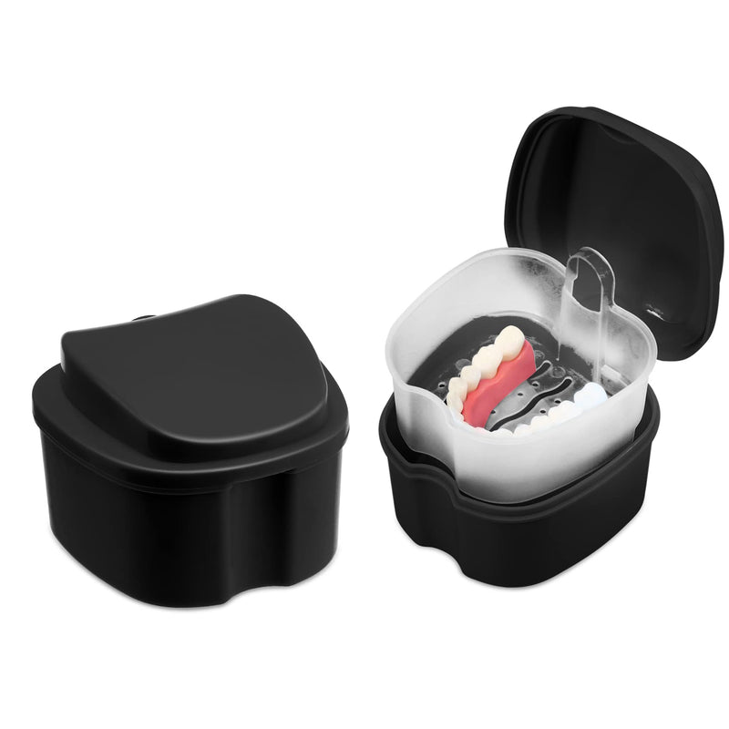 [Australia] - 1 Pcs Denture Cleaning Box with Drainage Baskets, Durable Denture Bath, Black 