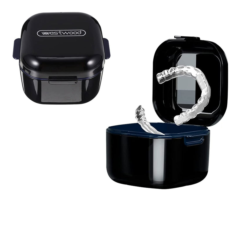 [Australia] - zalati Denture Box False Teeth with Strainer Portable Hygienic Case Immersion of Mouthguards Retainers for Storage Container, Dental Bath and Dental Appliances - Black 