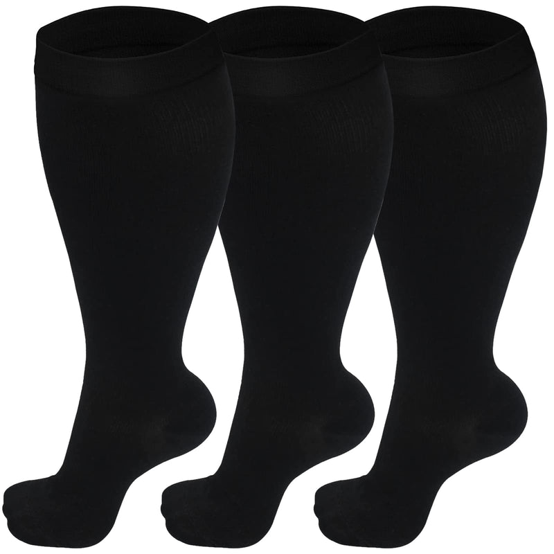 [Australia] - Dzpuhuojz 3 Pairs Plus Size Compression Socks (20-30 mmHg) for Women & Men, Wide Calf Extra Large Knee High Stockings for Nurses, Seniors Black 3XL Plus 