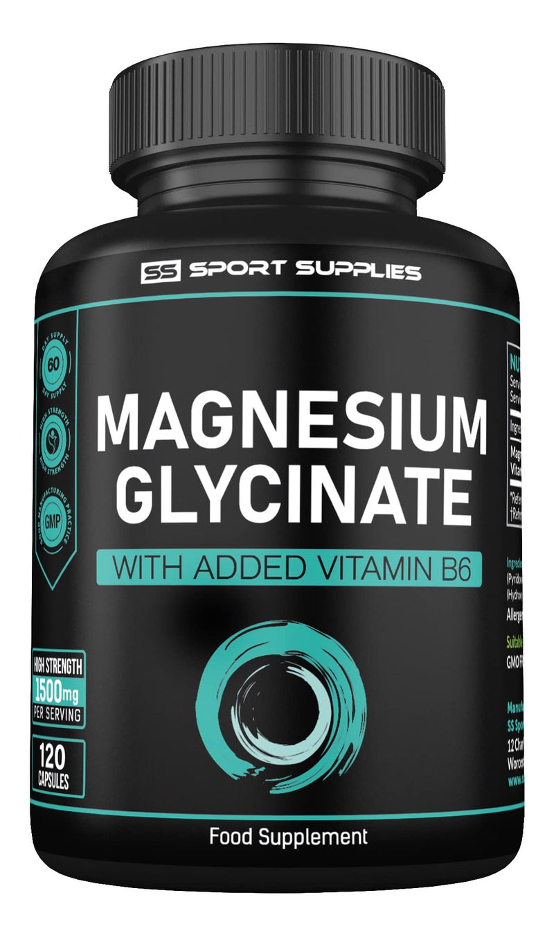 [Australia] - Magnesium Glycinate Supplements 1500mg & Vitamin B6 - 120 High Strength Capsules - 1500mg of Magnesium Providing 315mg Elemental Magnesium (Bisglycinate) - Pure Active Ingredient 