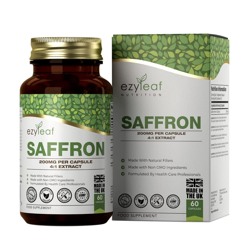 [Australia] - Ezyleaf Saffron Supplement | 60 High Strength Saffron Capsules - 200mg (from 4:1 Extract) Safron Herb Extract per Serving | Non-GMO, Gluten & Allergen Free | Manufactured in The UK 