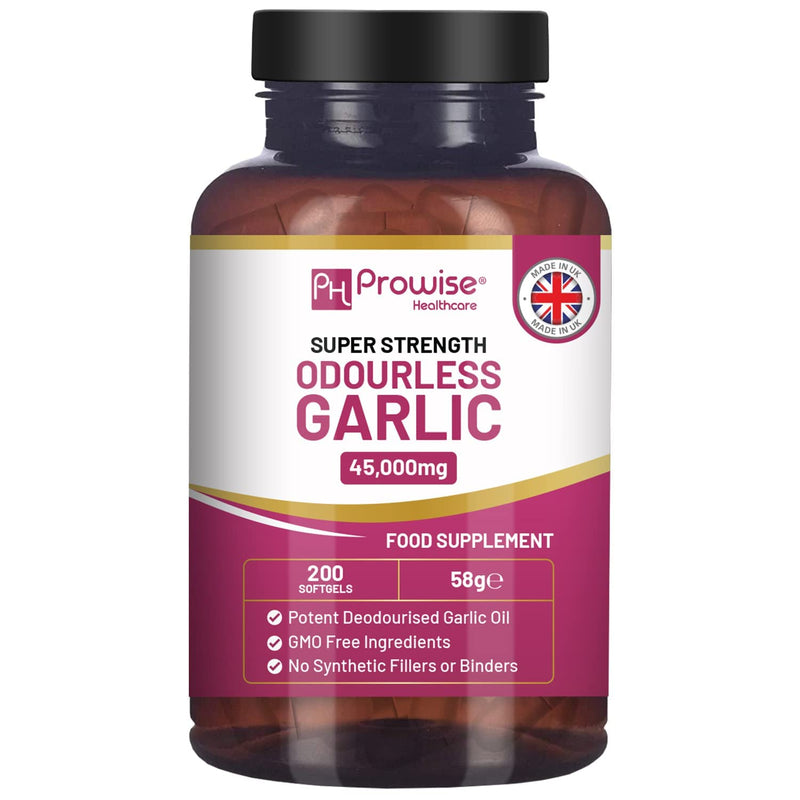 [Australia] - Premium Odourless Garlic Capsules - High Strength 45,000mg - 200 Softgels - Deodourised Premium Garlic Oil Extract from Allium Sativum - Made in UK by Prowise 