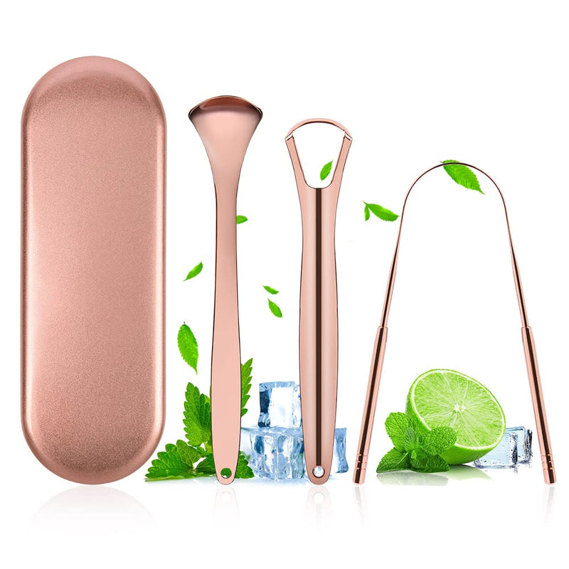 [Australia] - ACWOO Tongue Scraper, 3 Pack Stainless Steel Tongue Cleaners with Travel Case, Tongue Cleaner Tool for Oral Hygiene, Fresh Breath, and Reduce Bad Breath, Reusable Tongue Scrapers for Adults Rose Gold 