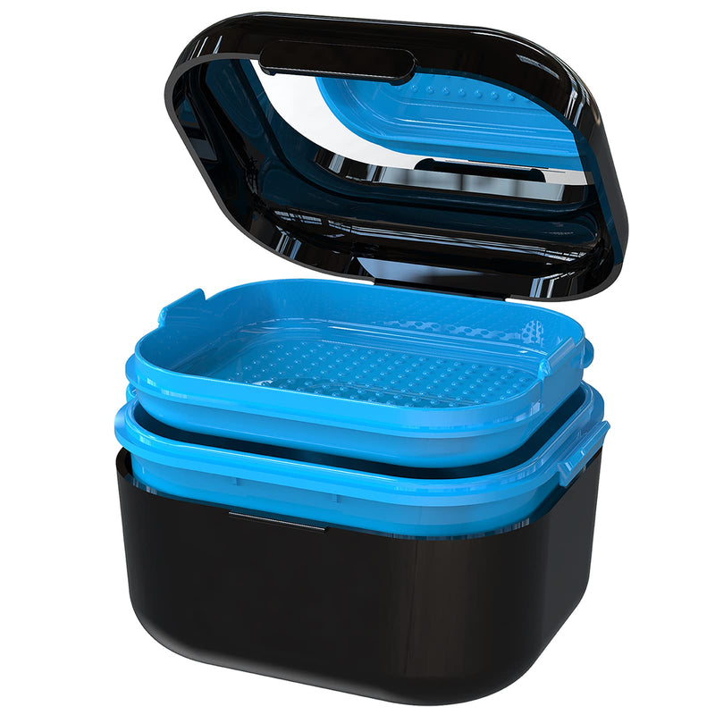 [Australia] - BVN Denture Bath Denture Case: Denture Cup for Soaking Dentures, Retainer Cleaner Case with Mirror, Mouth Guard Case, Aligner Case, Retainer Holder, Night Guard Case, False Teeth Container Black Black Blue 