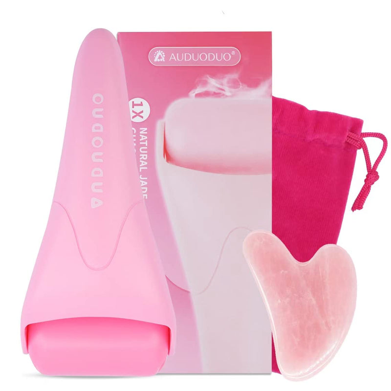 [Australia] - AUDUODUO� Premium skin care tool kit, Ice Roller for facials & GUA SHA facial lifting tool made of natural rose quartz, for Face, Neck, Body massage skin treatment PINK with Guasha 