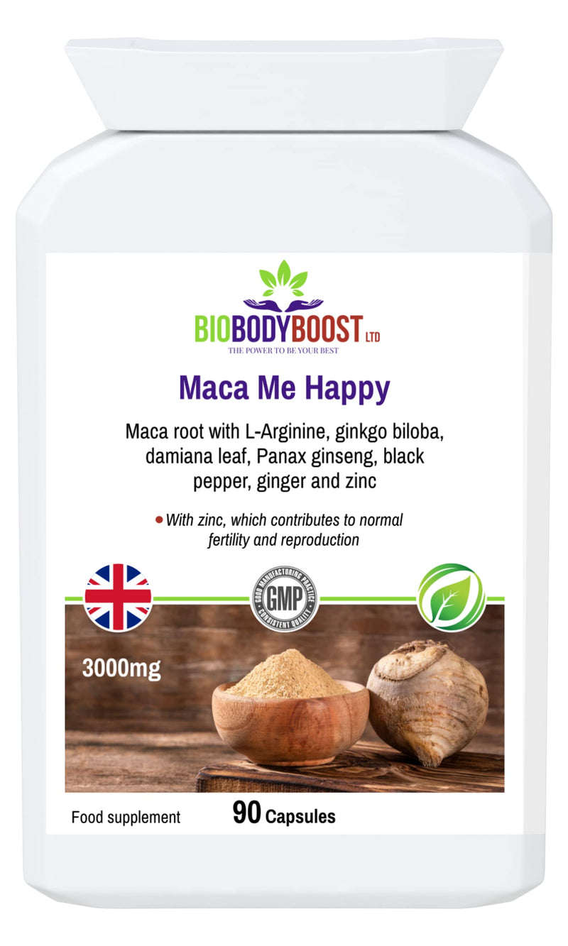 [Australia] - BioBodyBoost Maca Me Happy - Premium Maca Root & Herbal Blend Capsules | 90 Count | Supports Sexual Health, Fertility & Reproduction | Vegan & Vegetarian Friendly 