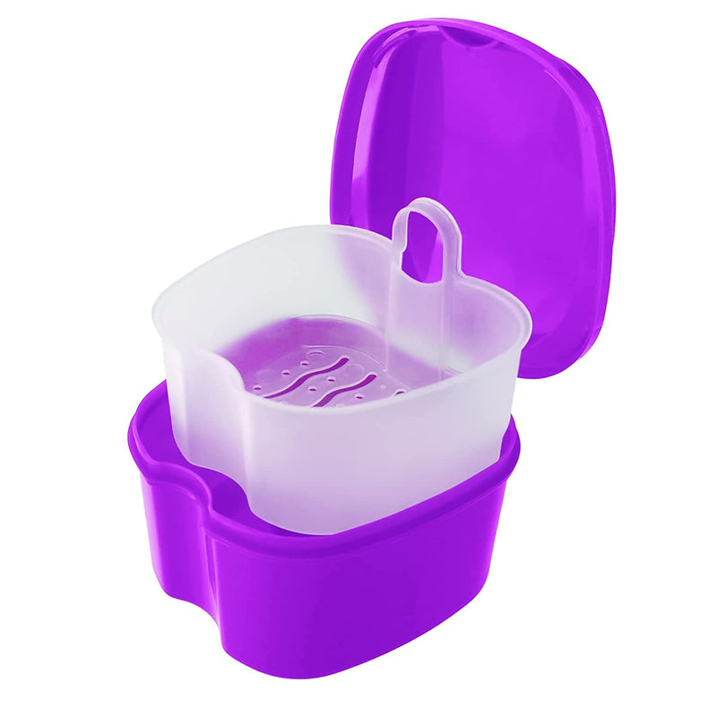 [Australia] - Retainer Case Denture Bath Box Easy Clean with Strainer Basket Portable False Teeth Storage Mouth Guard Denture Holder for Travel Retainer Soaking Cleaning (Purple) Purple 