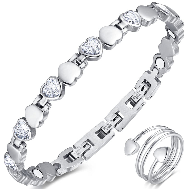 [Australia] - Vicmag Magnetic Bracelets for Women Titanium Steel Brazaletes Ultra Strength Magnetic Adjustable with Removal Tool and Gift Box (Silver Love Heart) Silver Love Heart 