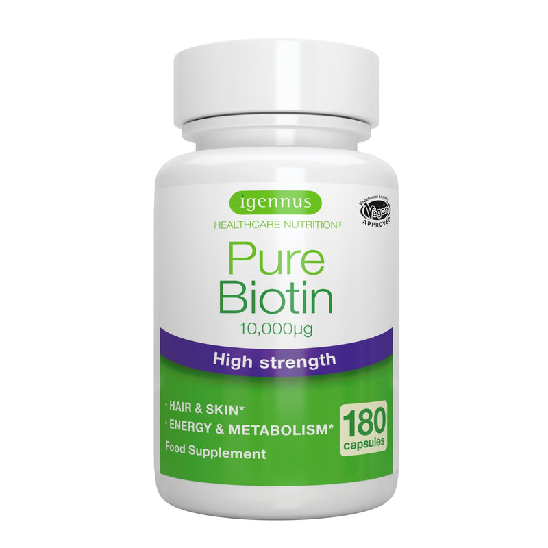 [Australia] - Pure Biotin 10,000 mcg, D-Biotin, Clean Ingredients, 1-a-Day, 180 Capsules, Lab Verified, Vegan & Hypoallergenic, Supplement for Hair Growth, Skin & Energy, by Igennus 